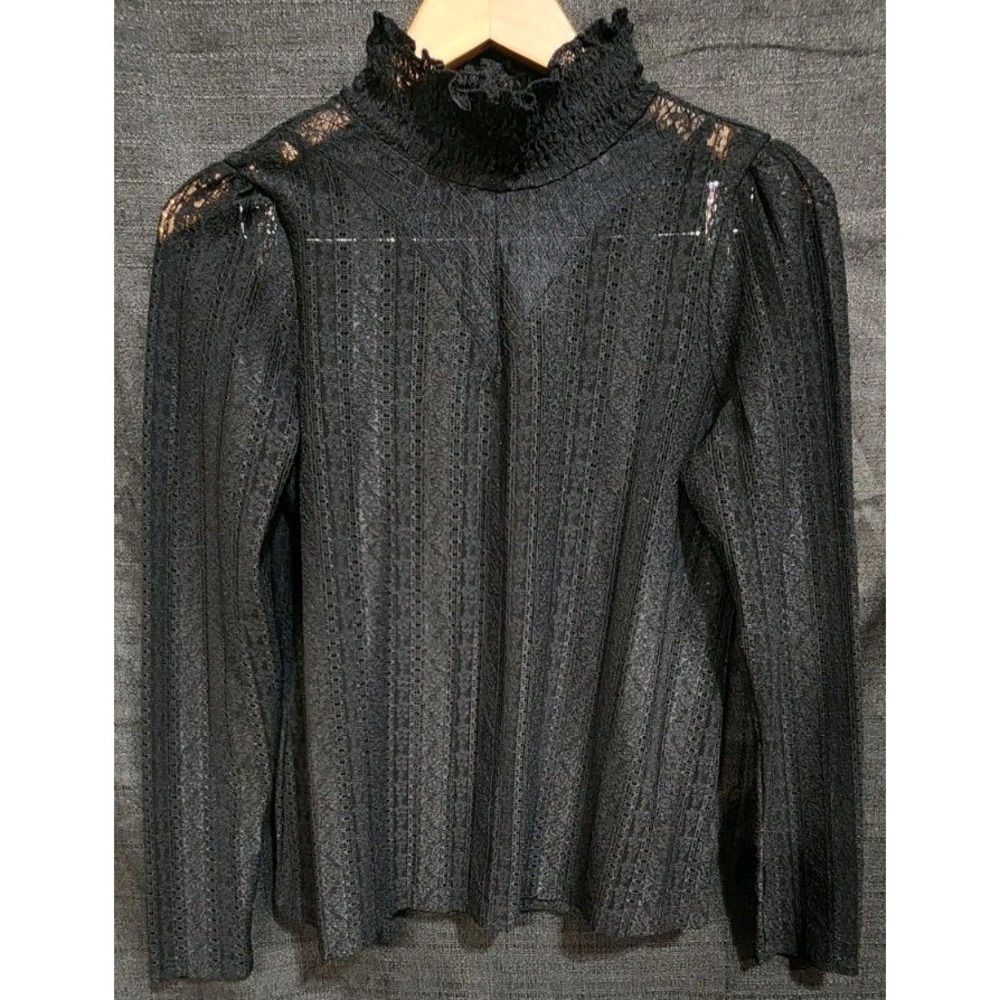 HALOGEN Nordstrom Lace Knit Top M Long‎ Sleeve Mock Neck Victorian Black NEW